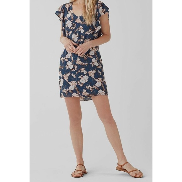 Splendid Floral Print Flutter Sleeve V-Neck Shift Mini Dress in Navy & Cream, XS - Picture 3 of 16